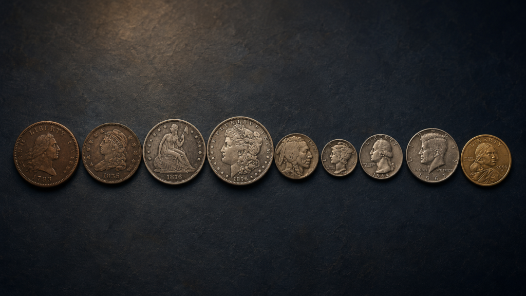 An assortment of different official government coins minted in the U.S.