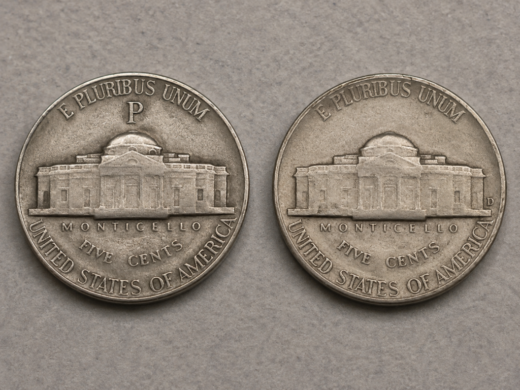 Reverse of a 1944-P war nickel beside a standard Jefferson nickel, showing the large P mintmark above Monticello's dome versus the small mintmark placement on non-war issues.