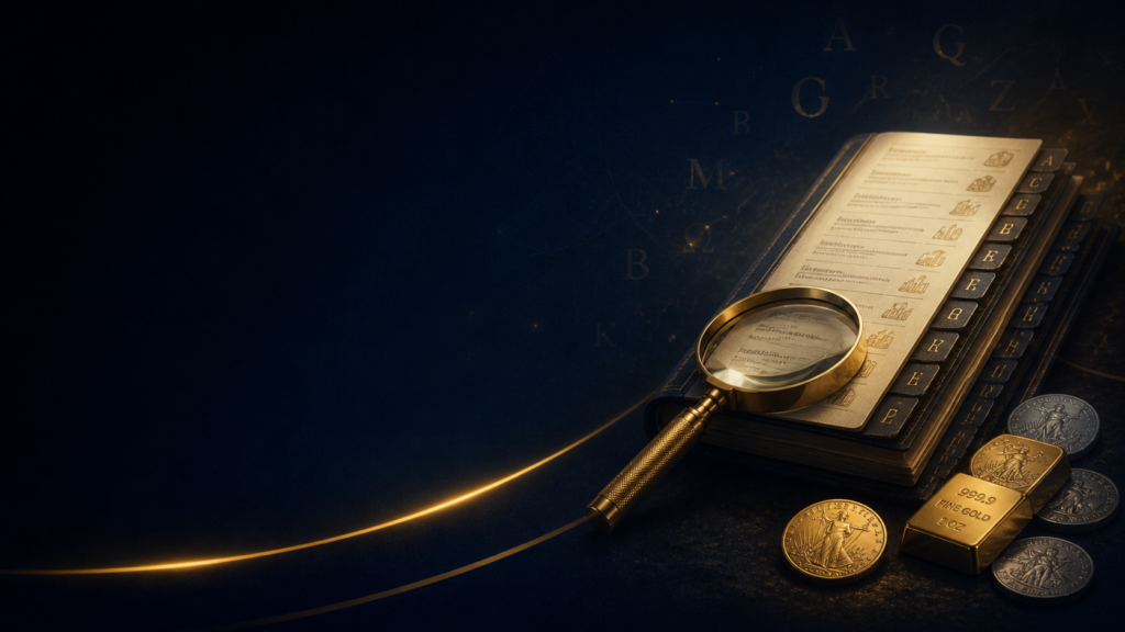 A book containing a glossary of numismatic terms and terms related precious metals bullion.
