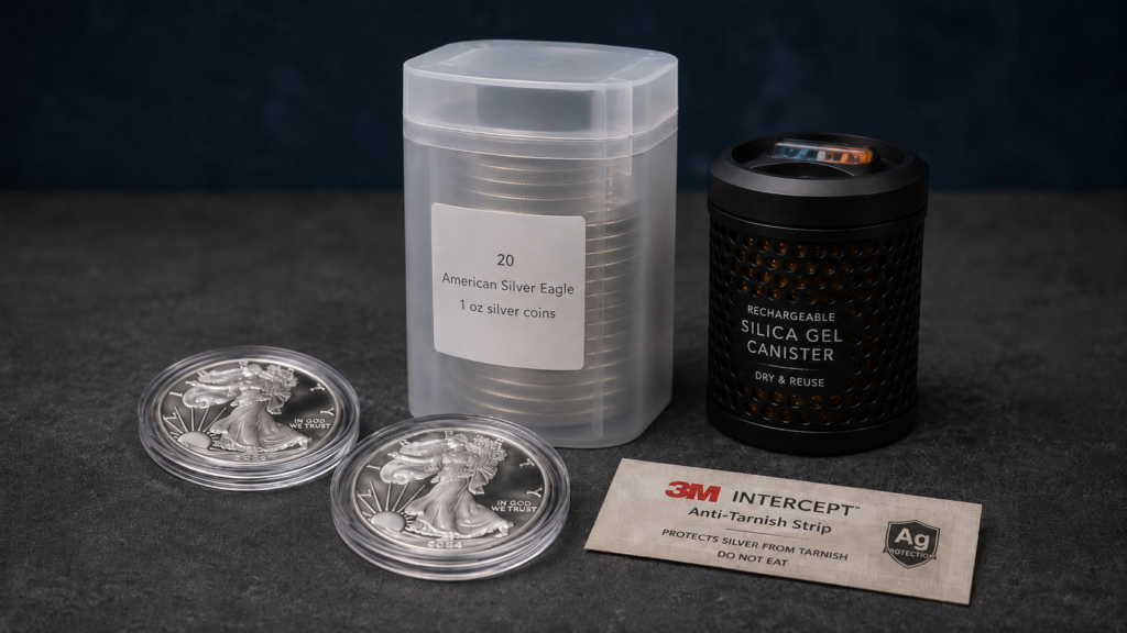 A tube of American Silver Eagles, two coins in Air-Tite capsules, a 3M Intercept Anti-Tarnish strip, and a rechargeable silica gel canister arranged on a neutral surface.