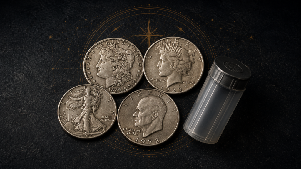 U.S. silver dollar types arranged for comparison: Morgan, Peace, and Eisenhower silver dollars.