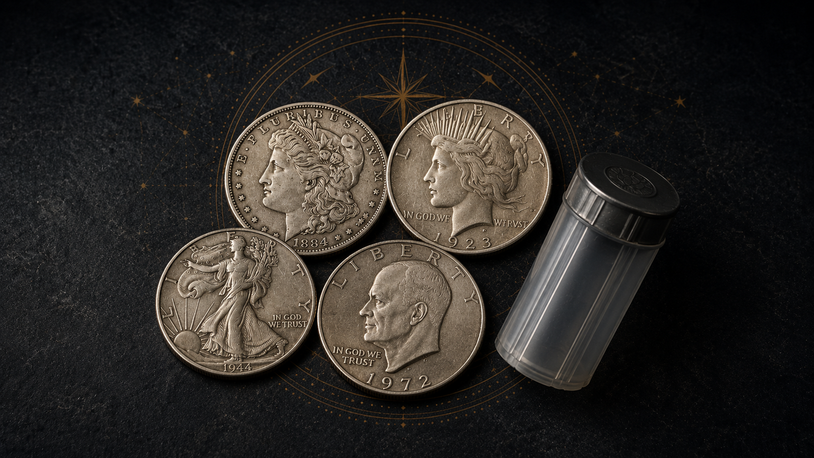 U.S. silver dollar types arranged for comparison: Morgan, Peace, and Eisenhower silver dollars.