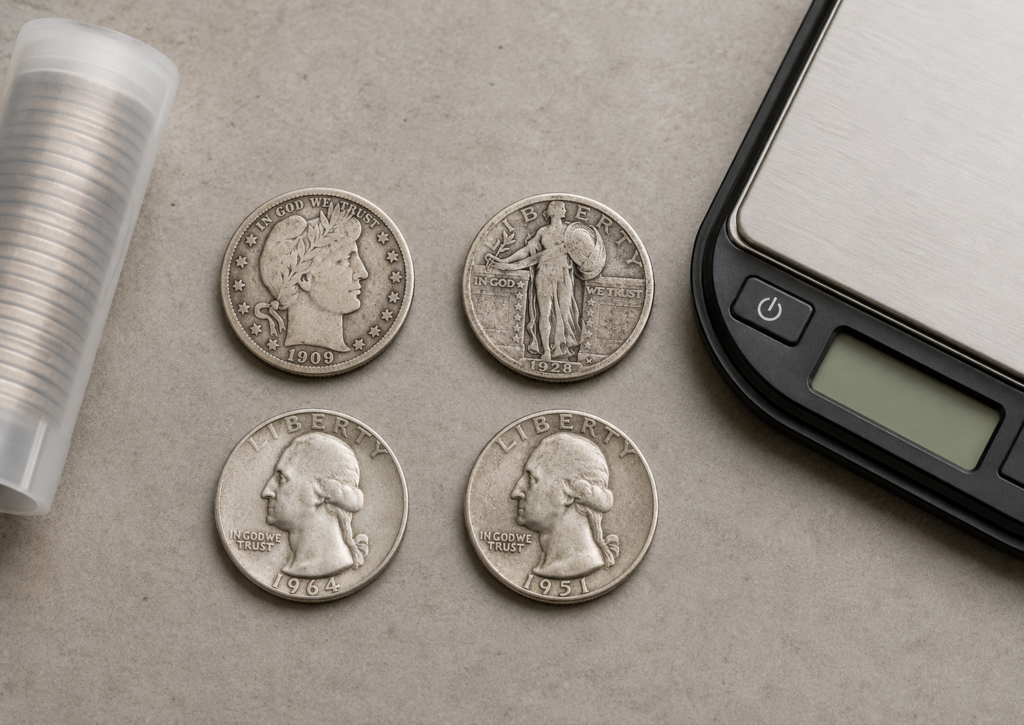 U.S. silver quarter types arranged for comparison: Barber, Standing Liberty, and Washington silver quarters.