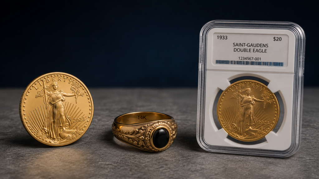 American Gold Eagle, 14k gold ring, and slabbed pre-1933 Saint-Gaudens Double Eagle — examples of the bullion, scrap, and numismatic categories sellers need to sort their gold into before choosing a buyer.