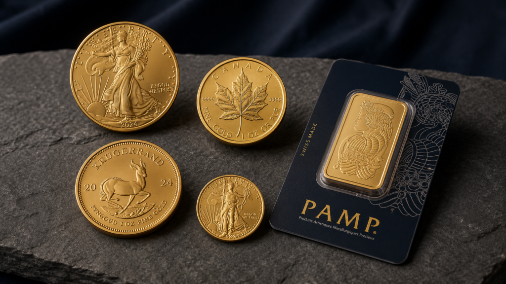 American Gold Eagle, Canadian Maple Leaf, Krugerrand, fractional Eagle, and 1 oz gold bar — common starting points for a first-time gold buyer.