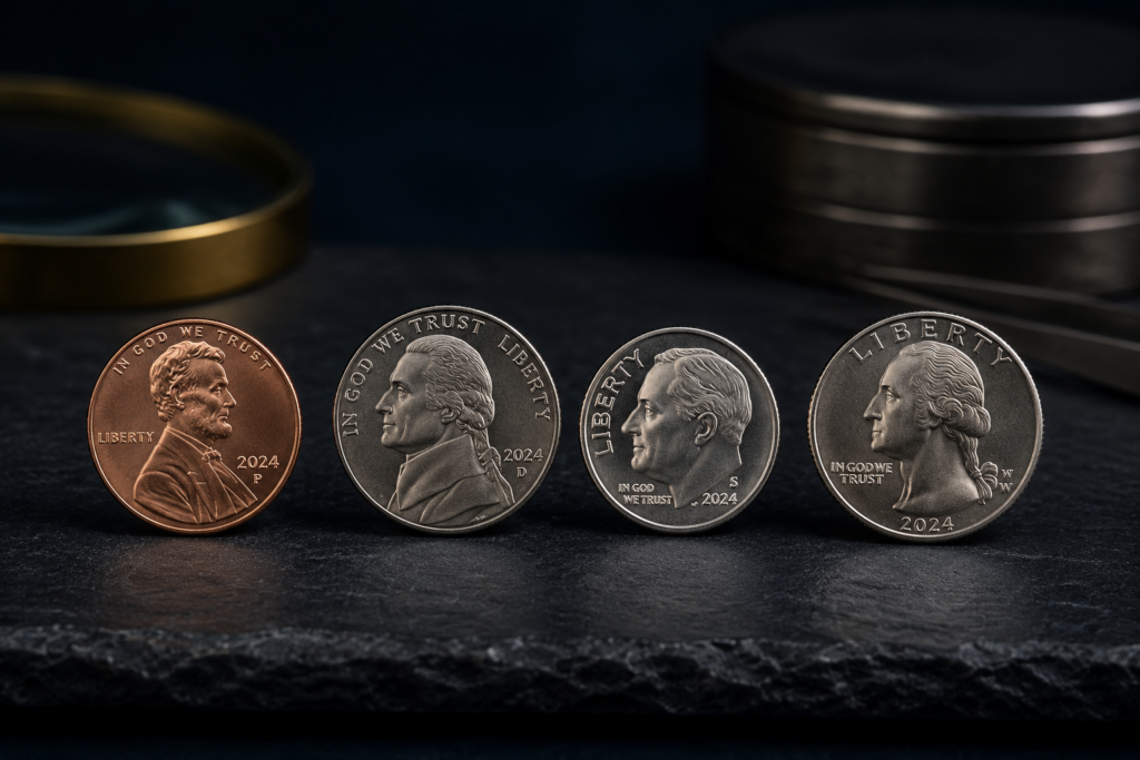 Coins from each active U.S. Mint branch — Philadelphia (P), Denver (D), San Francisco (S), and West Point (W) mintmarks