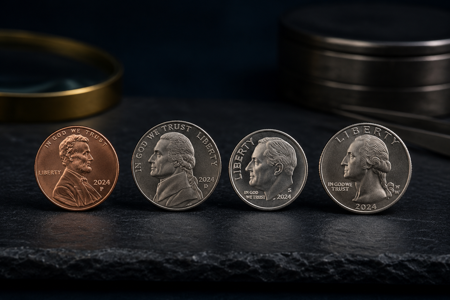 Coins from each active U.S. Mint branch — Philadelphia (P), Denver (D), San Francisco (S), and West Point (W) mintmarks