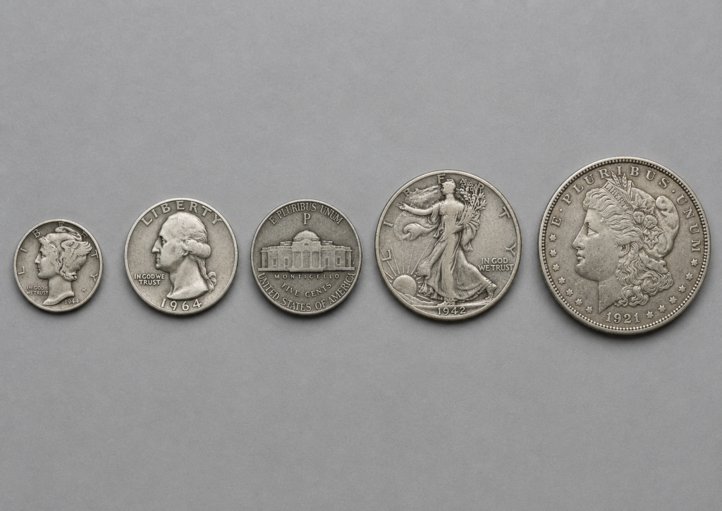 Pre-1965 90% silver U.S. coins by denomination: dime, quarter, half dollar, dollar, and 1942–1945 war nickel.