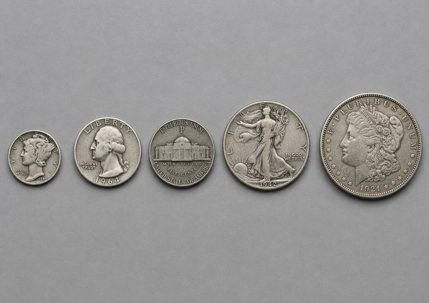 Pre-1965 90% silver U.S. coins by denomination: dime, quarter, half dollar, dollar, and 1942–1945 war nickel.