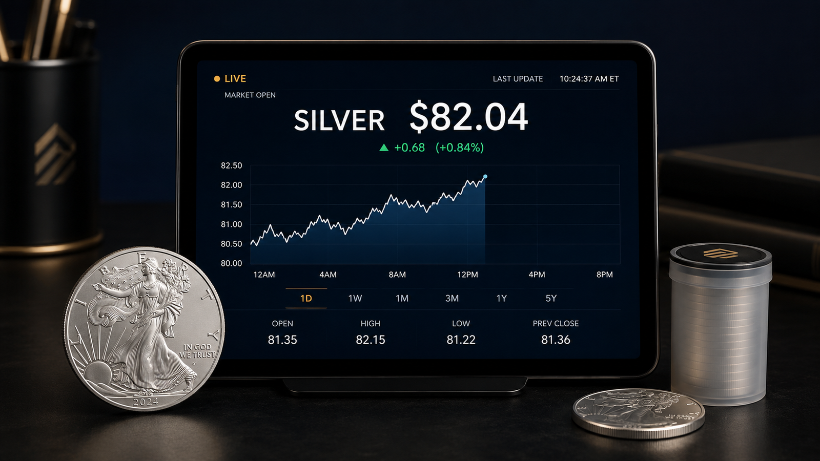 Live silver spot price displayed on a dealer page next to a one-ounce Silver American Eagle.
