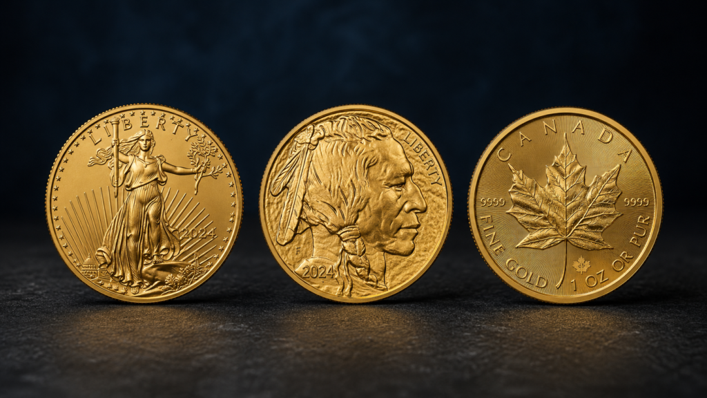 American Gold Eagle, American Gold Buffalo, and Canadian Gold Maple Leaf coins — three of the most common IRA-eligible gold bullion products — arranged on a neutral surface.