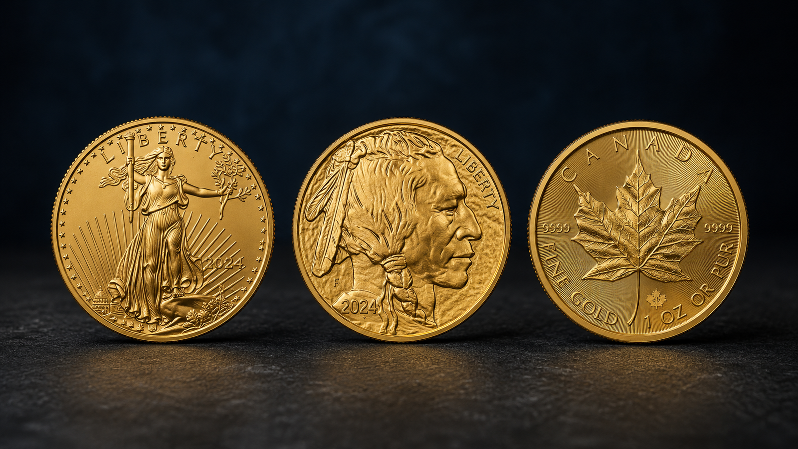 American Gold Eagle, American Gold Buffalo, and Canadian Gold Maple Leaf coins — three of the most common IRA-eligible gold bullion products — arranged on a neutral surface.