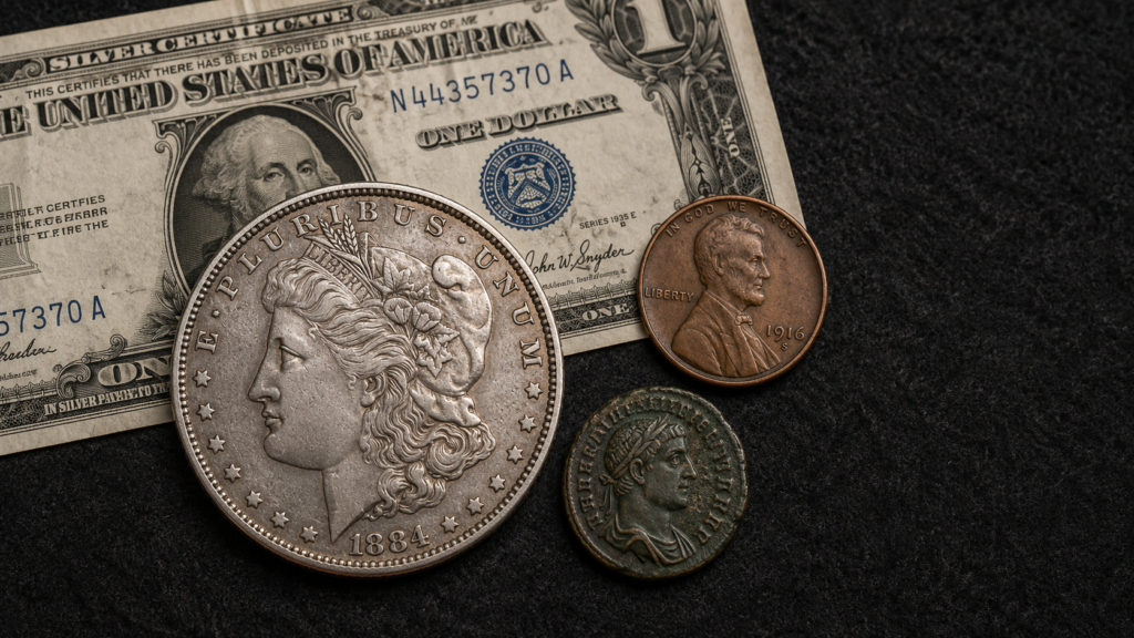 A Morgan silver dollar, a Lincoln wheat penny, an ancient Roman bronze coin, and a U.S. silver certificate — the range of objects a numismatist might collect.