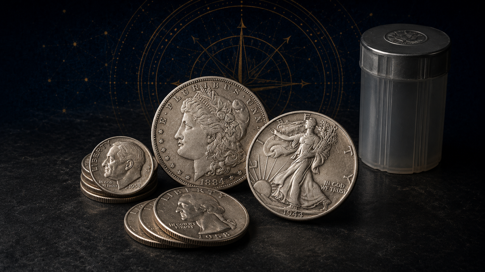 Assorted U.S. junk silver coins: pre-1965 Roosevelt dimes, Washington quarters, Walking Liberty half, and Morgan dollar.