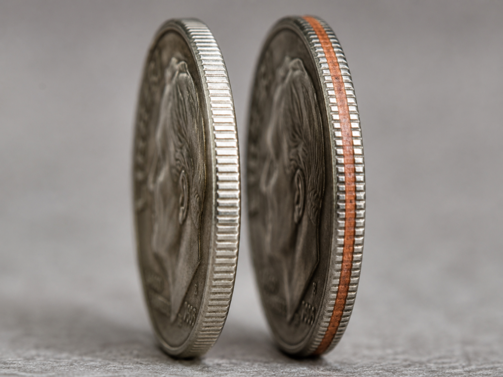 Silver dime and clad dime on edge, showing the copper stripe that identifies a 1965-or-later clad coin.