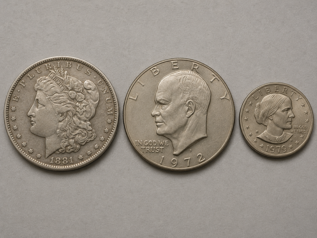 A Morgan silver dollar, a clad Eisenhower dollar, and a Susan B. Anthony dollar shown at the same scale, illustrating the three composition tiers and the size difference of the modern dollar coin.