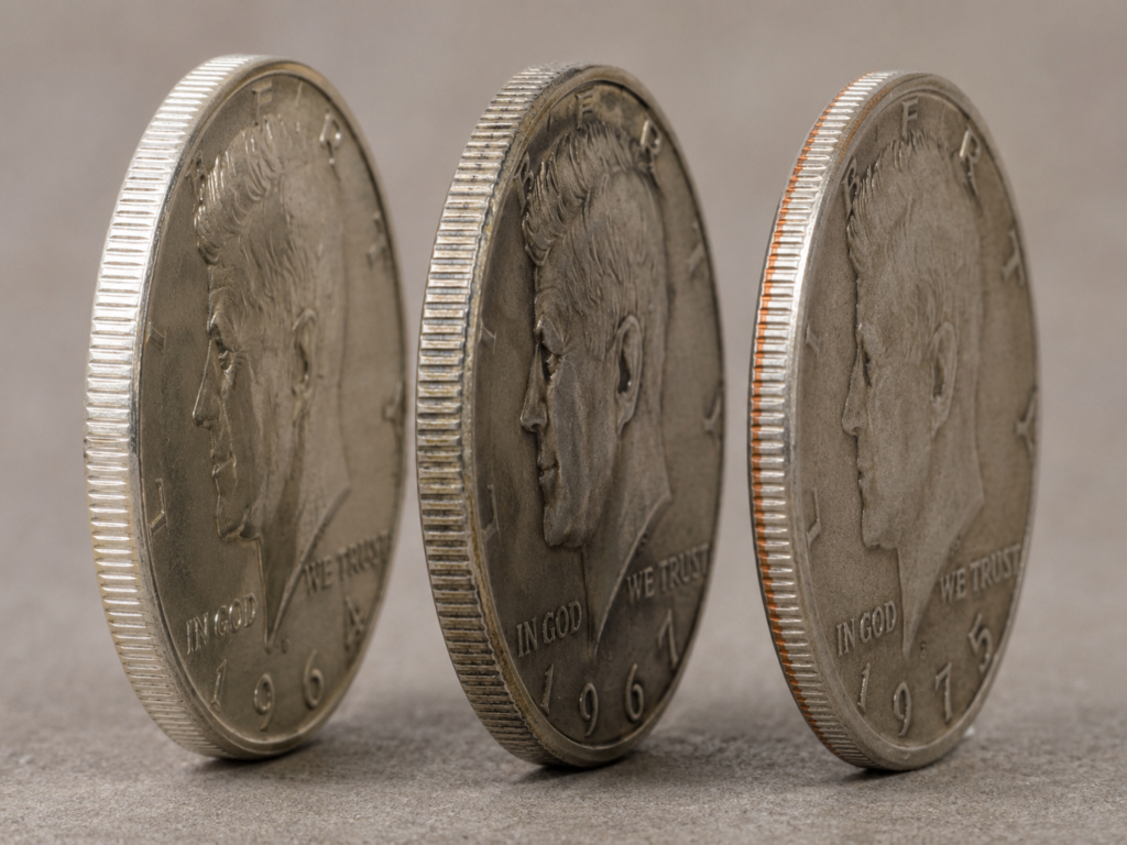 Three Kennedy half dollars on edge — 1964 90% silver, 1967 40% silver, and 1975 clad — showing the progressive copper tinge across compositions.