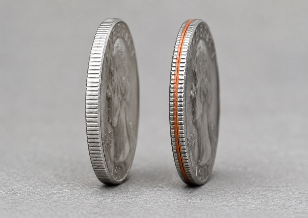 Silver quarter and clad quarter on edge, showing the copper stripe that identifies a 1965-or-later clad coin.