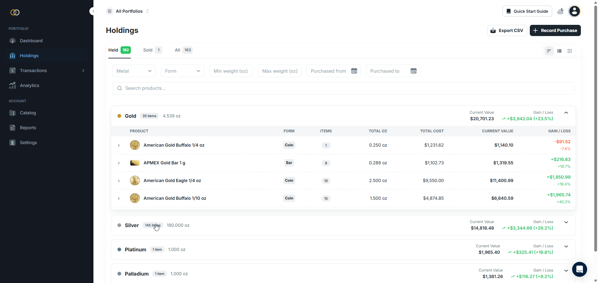 User managing their holdings within the Gold Silver Ledger web application.