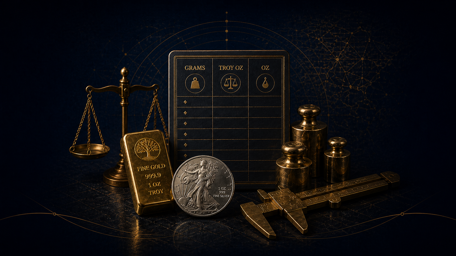 Dark themed Gold Silver Ledger featured image showing gold and silver bullion, a balance scale, measuring weights, calipers, and a conversion chart for grams, troy ounces, and ounces.