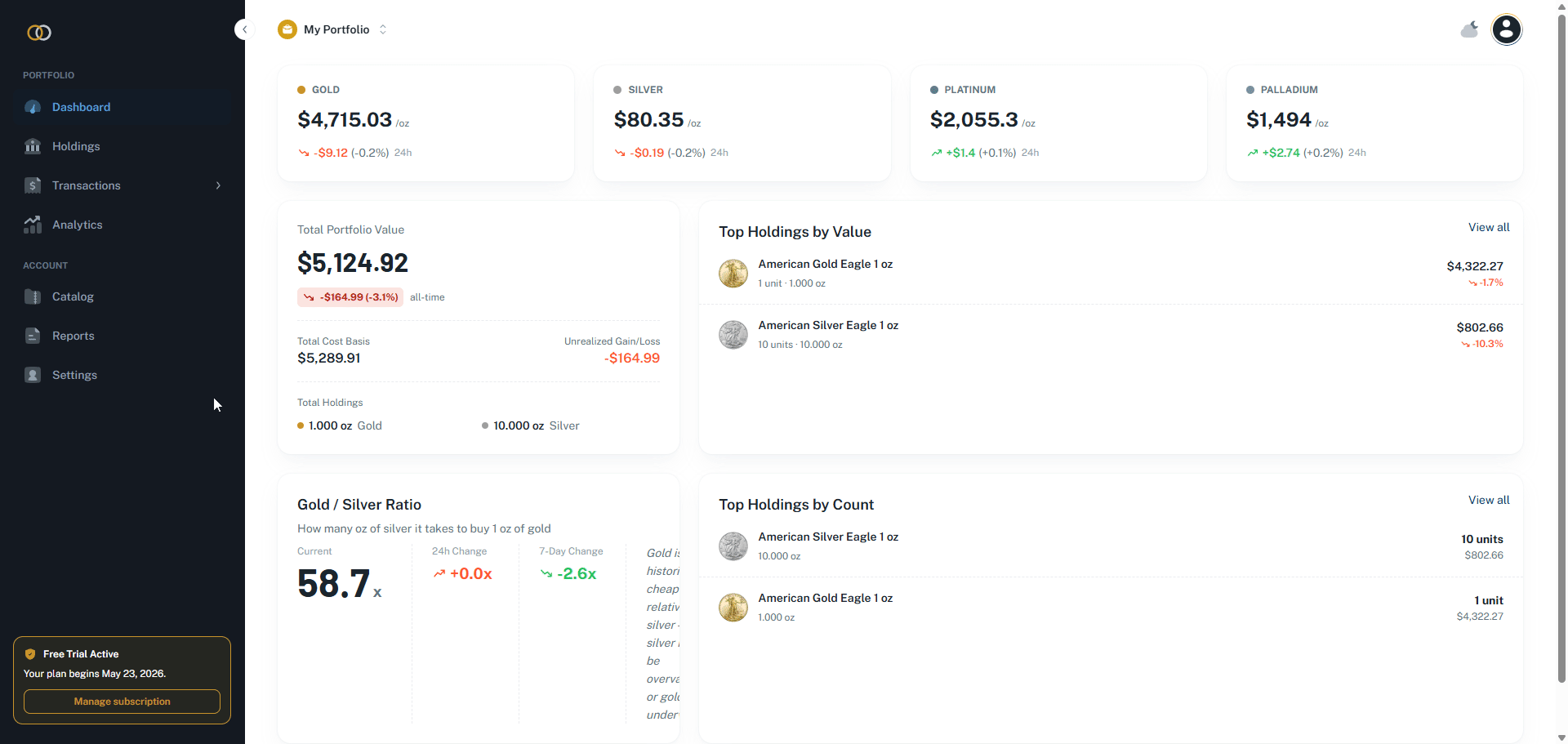 An image showing a user navigating the Holdings page of the Gold Silver Ledger web app.