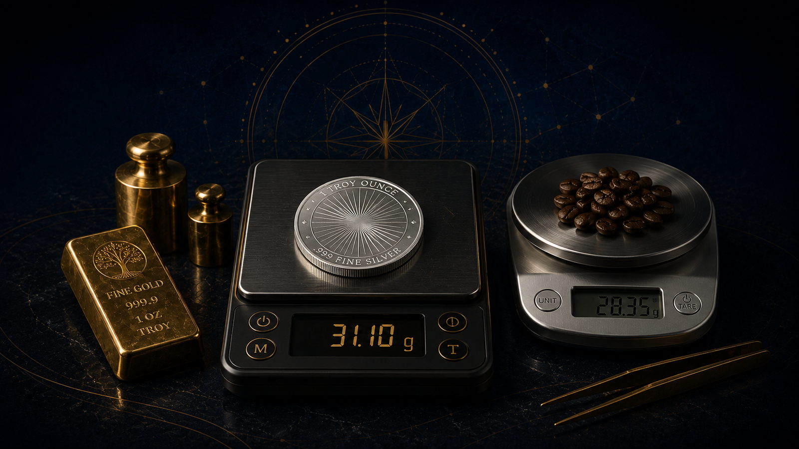 1 troy ounce silver round on a digital scale showing 31.10 grams beside a regular ounce of coffee beans.