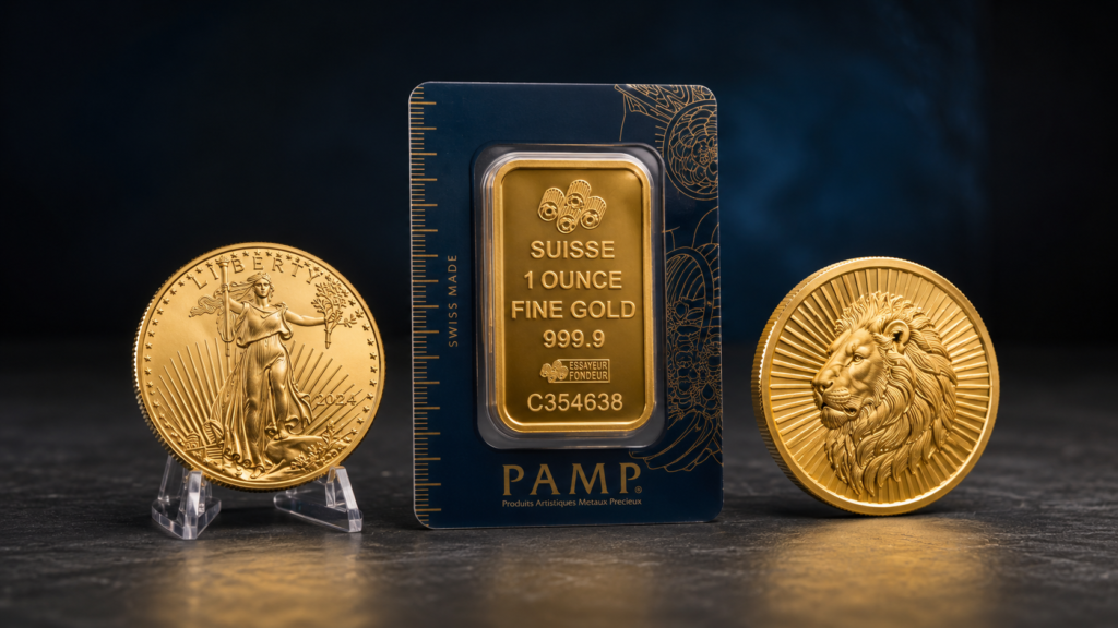 A stack of gold bullion including a gold bar, gold American Eagle, and a gold round.