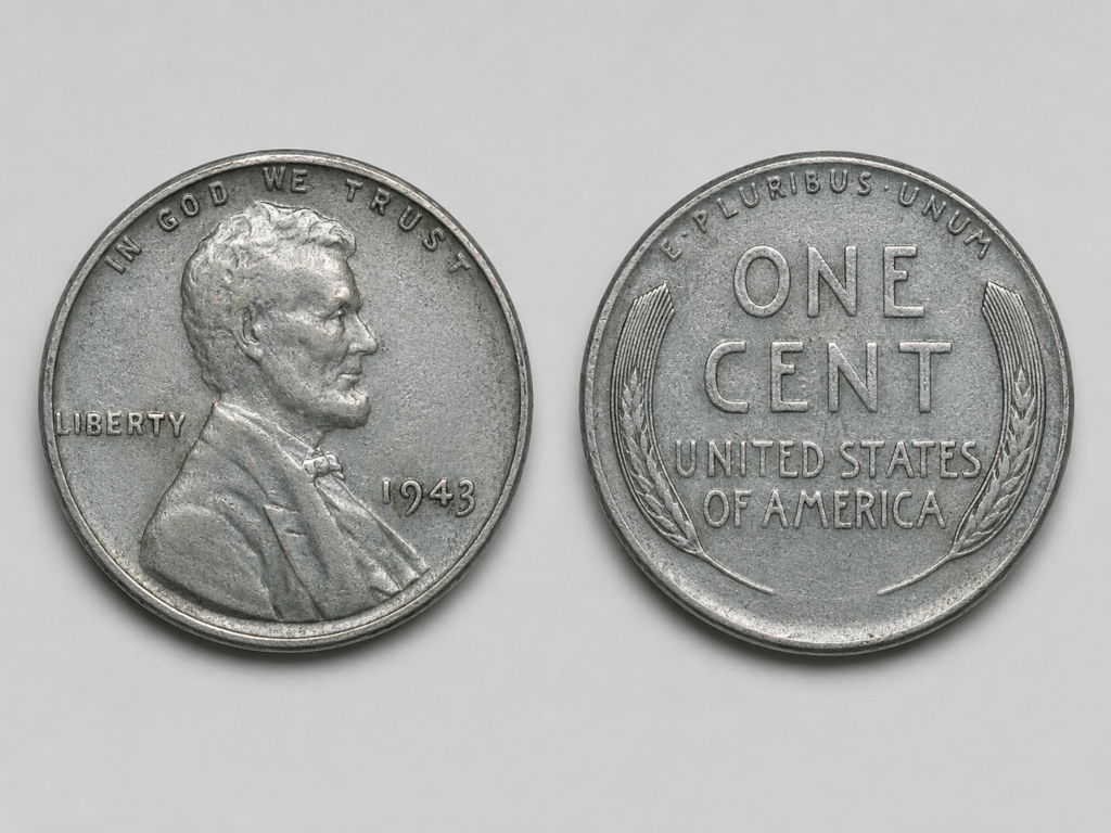 1943 steel Lincoln cent obverse and reverse showing the zinc-plated steel composition, Lincoln portrait, and wheat ears reverse.