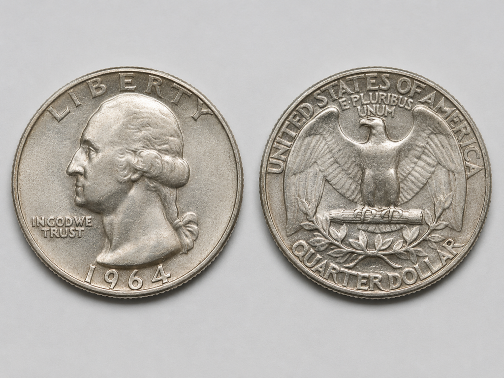 1964 Washington quarter obverse and reverse showing George Washington portrait and heraldic eagle with mintmark area visible.