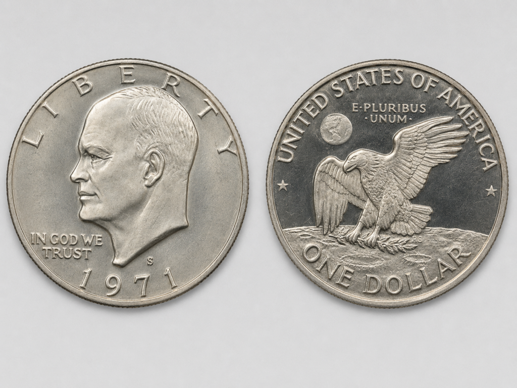 1971-S Eisenhower silver dollar obverse and reverse showing Eisenhower portrait, S mintmark, and Apollo 11 reverse design.
