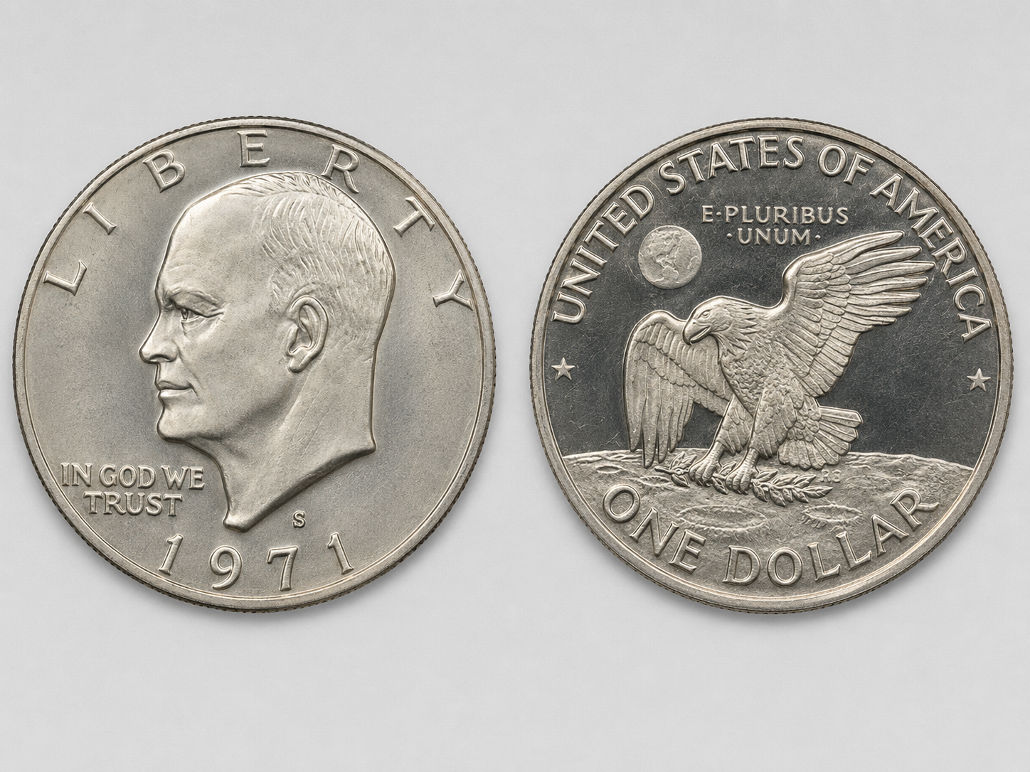 1971-S Eisenhower silver dollar obverse and reverse showing Eisenhower portrait, S mintmark, and Apollo 11 reverse design.