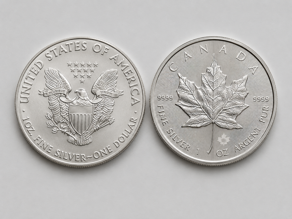 American Silver Eagle and Canadian Silver Maple Leaf bullion coins side by side, reverses showing the heraldic eagle design and the sugar maple leaf design.