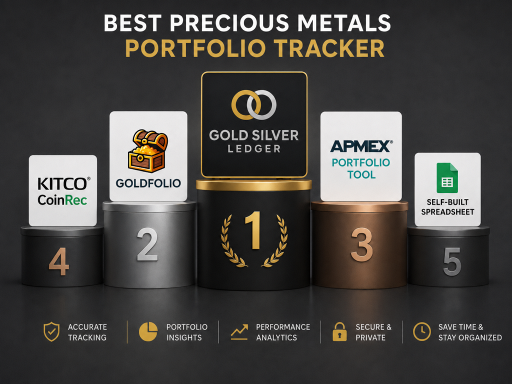 Ranked comparison of five precious metals portfolio trackers in 2026, with Gold Silver Ledger in first place." Caption: "The five ways most stackers actually track their bullion