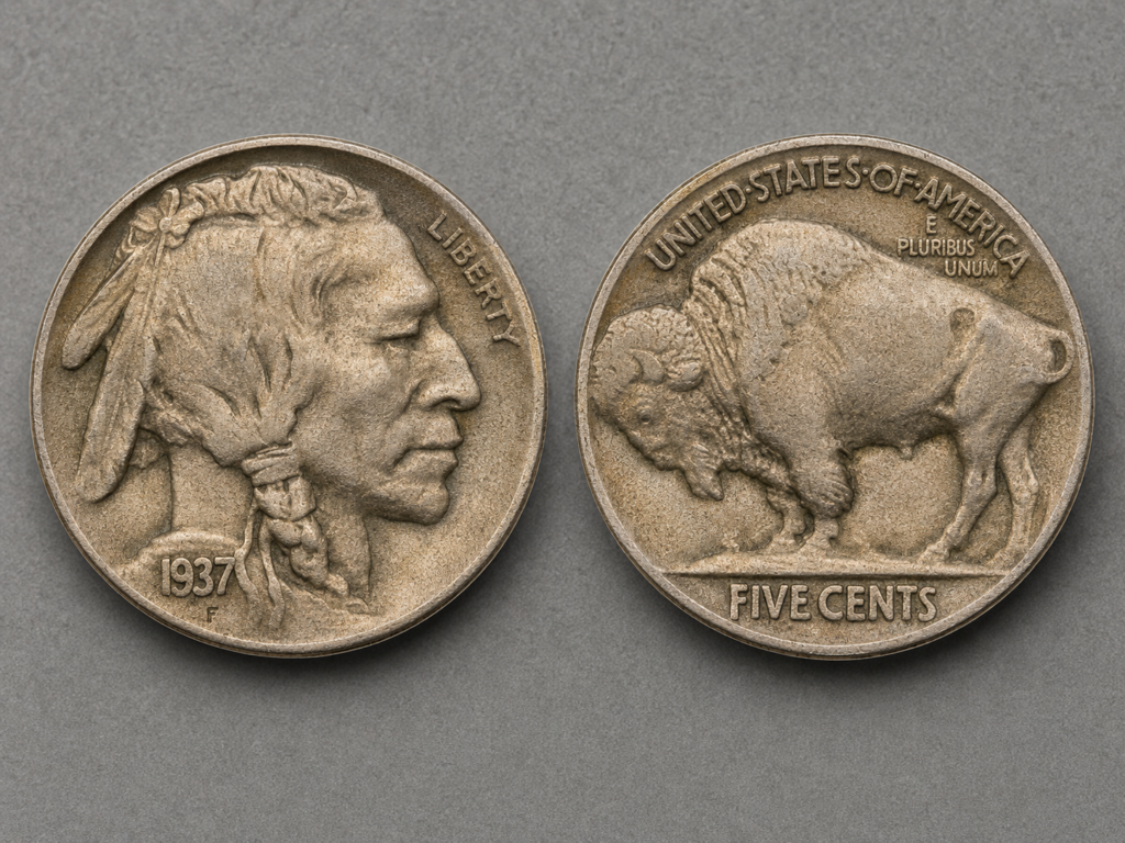 Buffalo nickel obverse and reverse showing Native American profile and American bison with date and mintmark location.