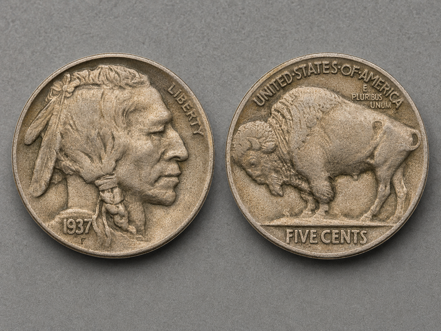 Buffalo nickel obverse and reverse showing Native American profile and American bison with date and mintmark location.