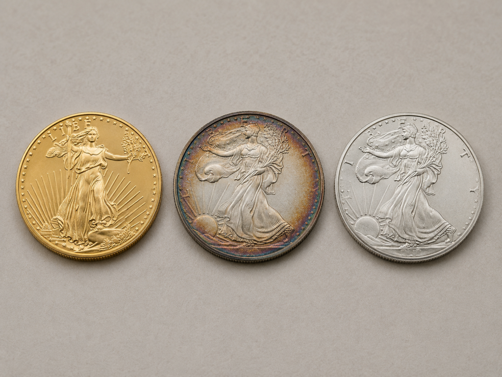 A bright Gold American Eagle, a tarnished Silver American Eagle showing rainbow-to-black toning around the rim, and a bright Platinum American Eagle side by side on a neutral surface.