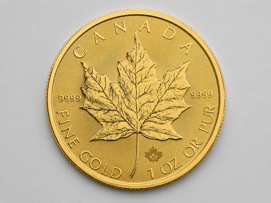 1 troy ounce Canadian Gold Maple Leaf bullion coin, reverse showing the single maple leaf and radial line security feature.