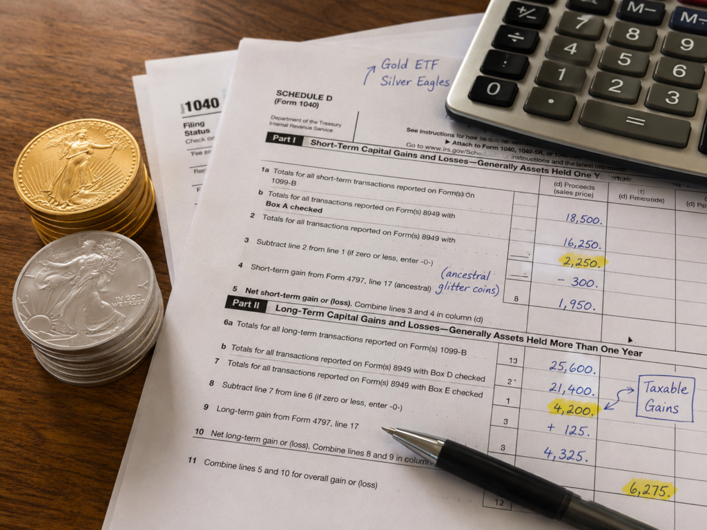 Schedule D and a calculator on a tax-time desk next to a small stack of gold and silver coins.