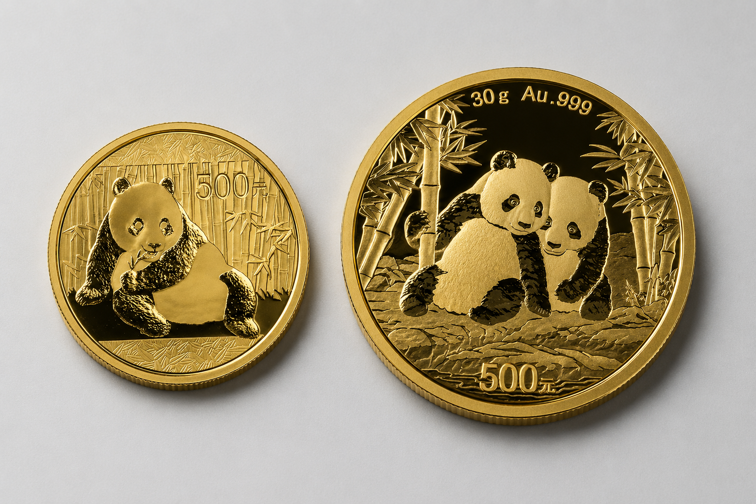 30 gram Chinese Gold Panda bullion coin, reverse showing the current year's panda design.