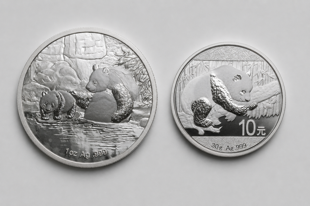 30 gram Chinese Silver Panda bullion coin, reverse showing the current year's panda design.