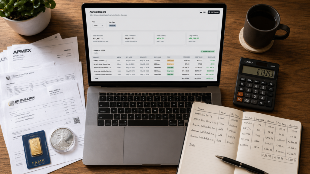 Tax-time desk with dealer receipts, a calculator, and a laptop displaying a precious-metals Cost Basis report.