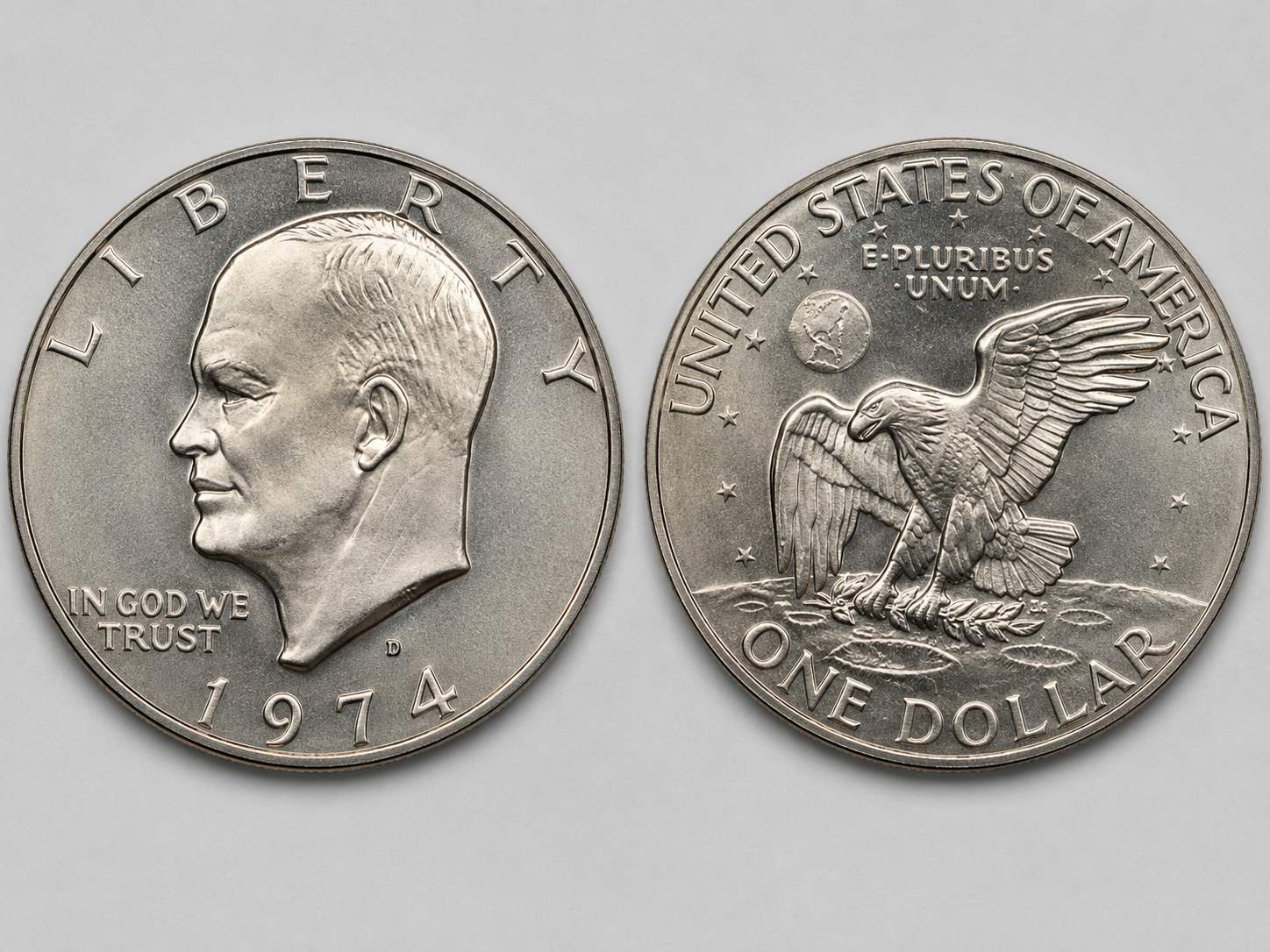 Eisenhower dollar obverse and reverse showing the Eisenhower portrait, the date and mintmark on the neck truncation, and the Apollo 11 eagle-landing-on-the-moon reverse design.