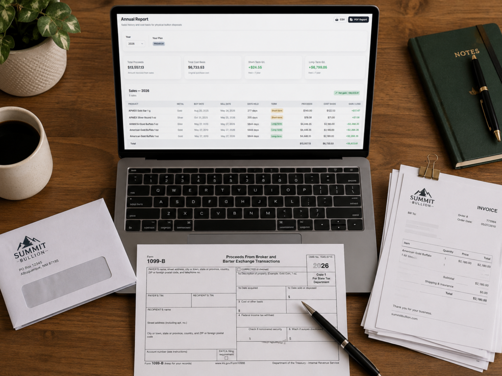 Tax-time desk with a Form 1099-B from a precious-metals dealer, receipts, and a laptop displaying an Annual Report.