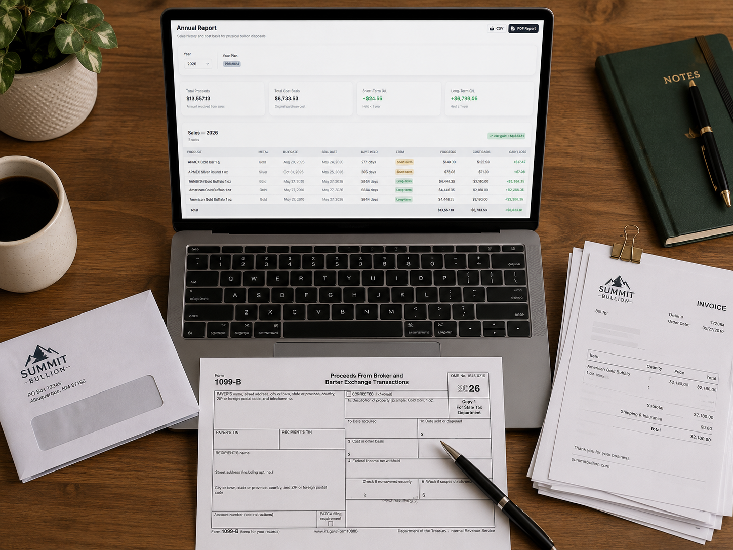 Tax-time desk with a Form 1099-B from a precious-metals dealer, receipts, and a laptop displaying an Annual Report.