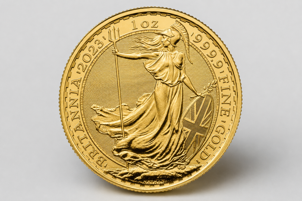 1 troy ounce Gold Britannia bullion coin, reverse showing the standing Britannia design.