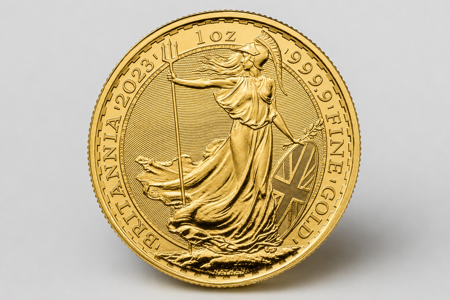 1 troy ounce Gold Britannia bullion coin, reverse showing the standing Britannia design.
