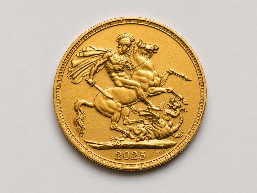 British Gold Sovereign coin, reverse showing Benedetto Pistrucci’s St. George and the Dragon design