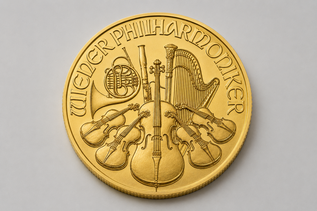 1 troy ounce gold Vienna Philharmonic bullion coin, reverse showing the orchestra-instruments design.