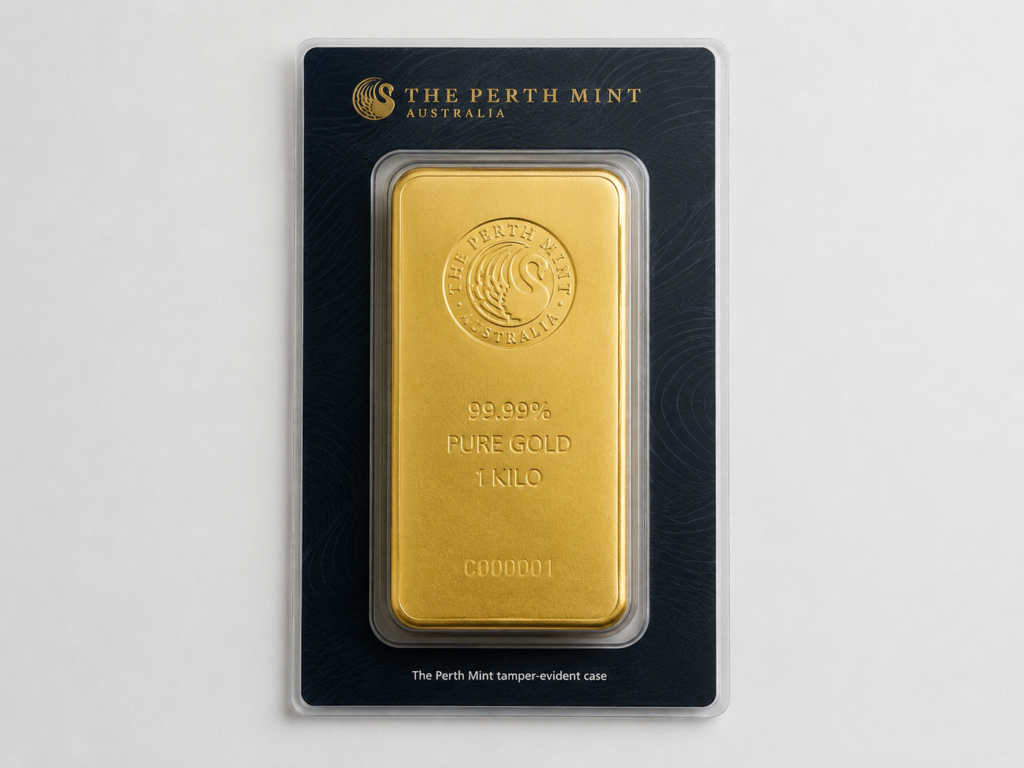 gold bar in a minted assay card on a neutral background.