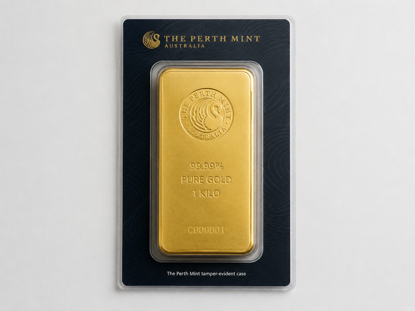 gold bar in a minted assay card on a neutral background.